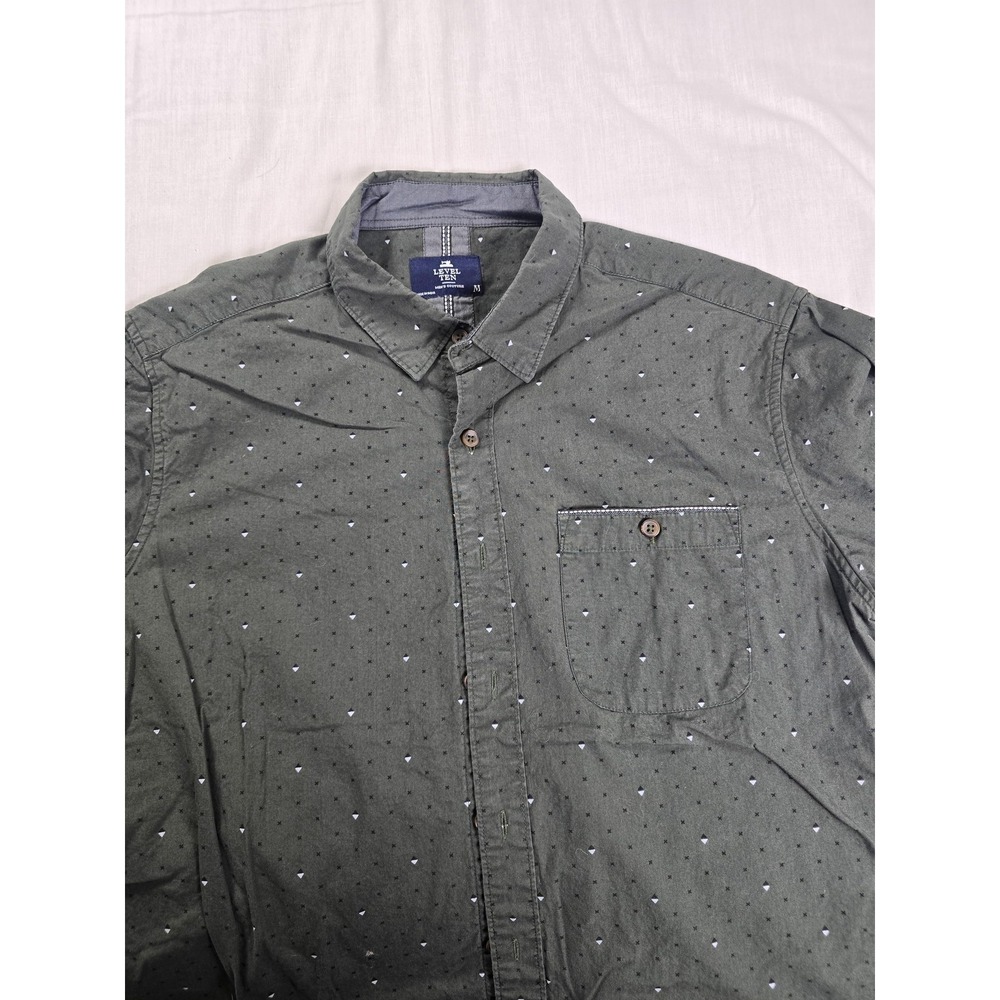 Level Ten Shirt Mens Medium Green Short Sleeve Button Up Pocket Microprint